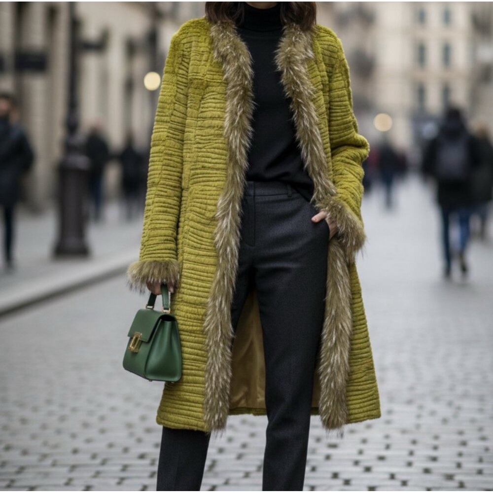 Rizal Reversible‎ Fur Coat Olive Green 100% Rabbit Fox Fur & Python Trim France